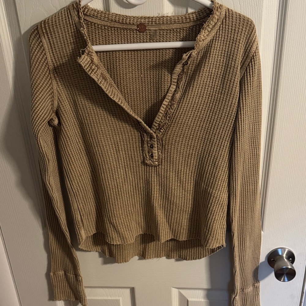 Free People Beige Waffle Knit Long Sleeve Top